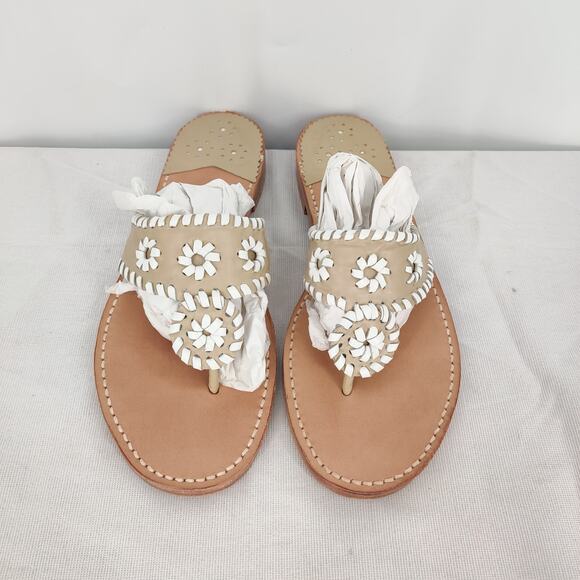 Jack Rogers Shoes - Palm Beach Sandals Tan and White Leather Flat Sandals Size 10 Made in USA